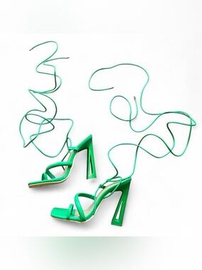 Neon Green Lace-Up Platform Heels – Y2K Strappy Square Toe Heels (US 5)